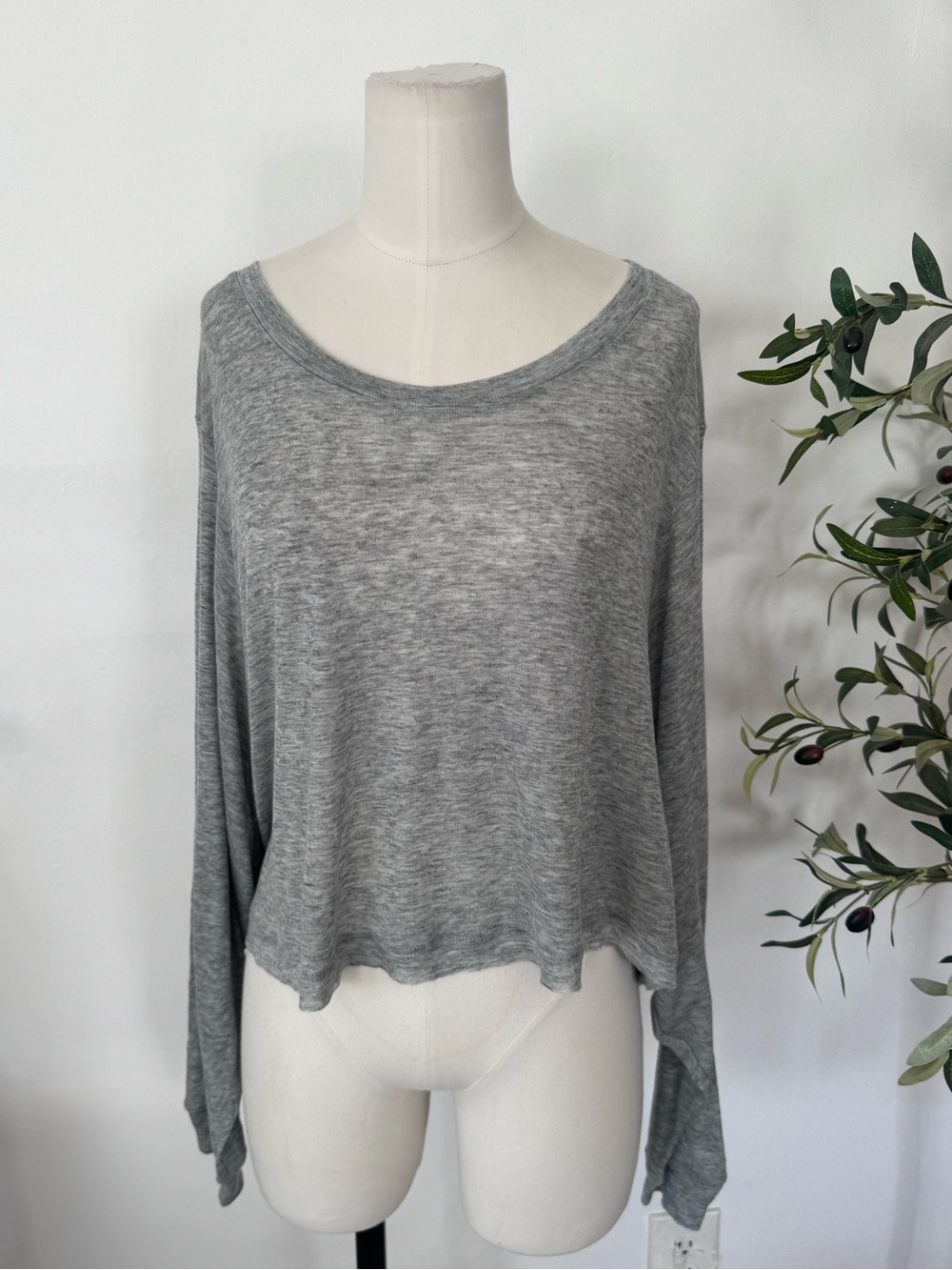 NYLORA Gray Tencel Wool Open Back Tie Long Sleeve Top One Size